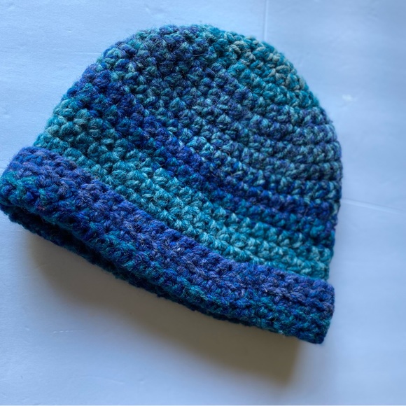 Hand Crochet (UNISEX) blue & teal winter hat, Size: 21” circumference - Picture 1 of 7